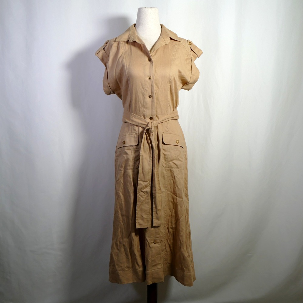 Ann Taylor Womens Linen Blend Midi Shirt Dress Size 0 Petite Minimalist Coastal